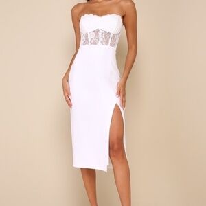 Lulus Exquisitely Sultry White Lace Strapless Bustier Midi Dress - Size M